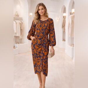 La Ligne Imogen Silk Blue and Orange Long Sleeve Midi Dress Size M